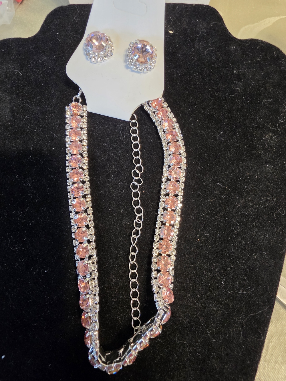 #1429. Pink Crystal Tennis Necklace and Stud Earrings Set